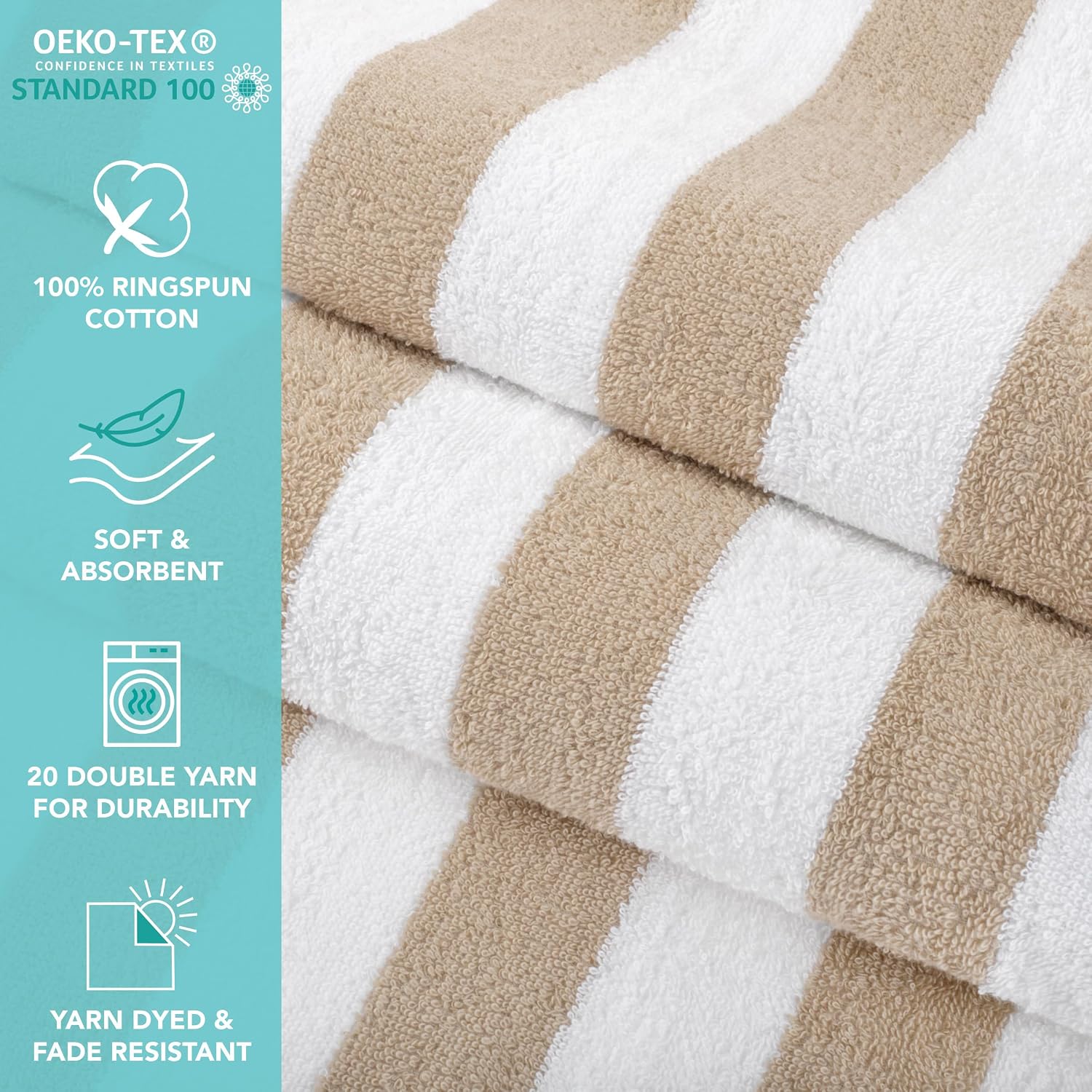 Arkwright California Cabana Stripe Beach Towel – Pack of 4, Large Soft Quick Dry 100% Cotton Terry Towels Set for Pool, Swim, and Hot Tub, Oversized 30 x 70 in, Beige