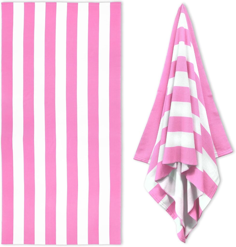 HENBAY Large Oversized Beach Towel – 35 x 70 Inch Microfiber Pool Towel, Pink Striped Quick Dry Cabana Swim Towel