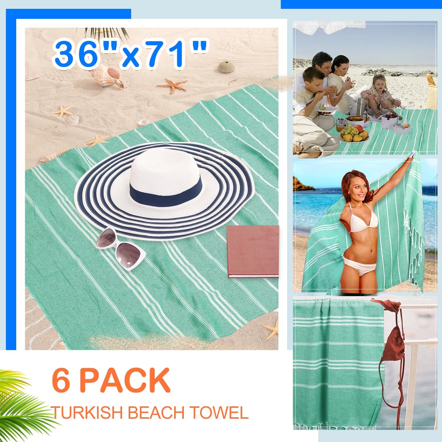 YSYJ Turkish Beach Towel 6 Pack Beach Towels 36″x71″ Beach Towel Oversized Sand Free Turkish Towel Quick Dry Bath Towels Teal