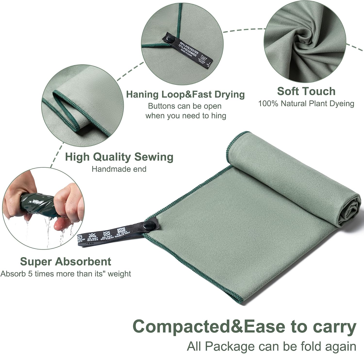 Aegero Camping Towel,2 Pack Microfiber Travel Sports Towel,Quick Dry-Super Absorbent-Ultra Compact-Ultra Soft-Lightweight.Suitable for Gym,Yoga,Trip,Beach,Shower,Backpacking,Pool(Army Green)